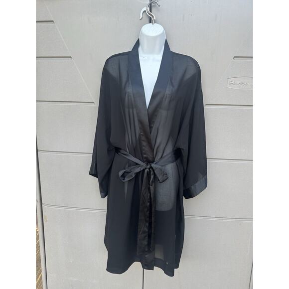 SOMA Black Sheer Chiffon Satin Sleeves Short Robe Kimono SZ L/XL Sensual Classic